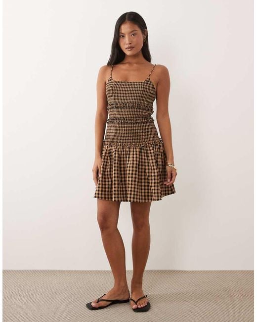 ASOS Brown Asos Design Petite Crinkle Mini Dress With Shirred Dropped Waist