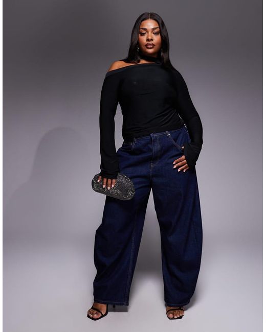 ASOS Blue Asos Design Curve Slinky Scarf Neck Off Shoulder Top With Flare Sleeves