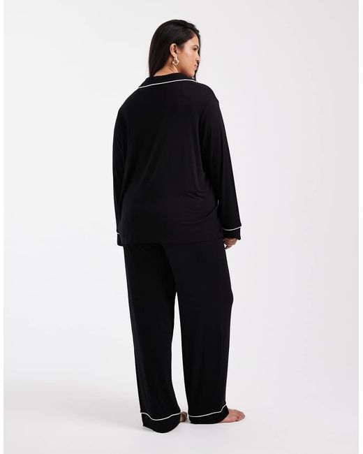 ASOS Black Asos Design Curve Super Soft Long Sleeve Shirt & Pants Pyjama Set With Contrast Piping