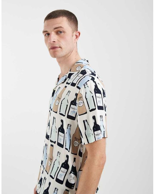 Blend White Bottle Repeat Motif Printed Regular Fit Shirt With Revere Collar for men