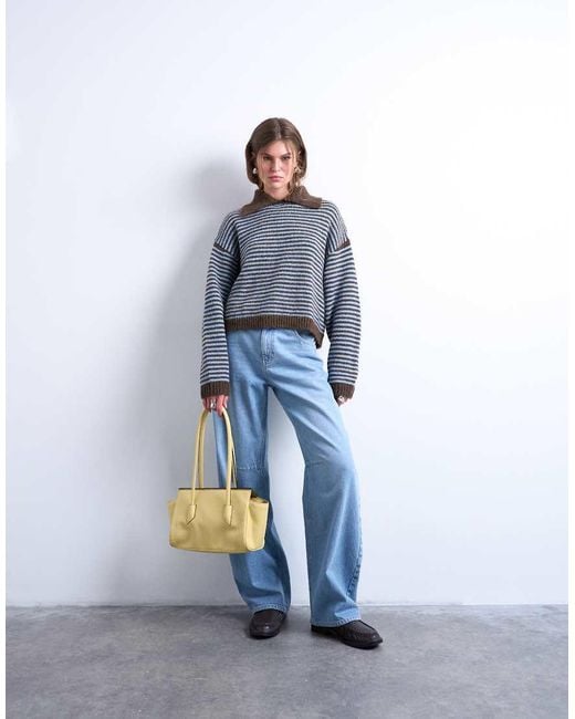 TOPSHOP Blue Knitted Stripe Collar Jumper