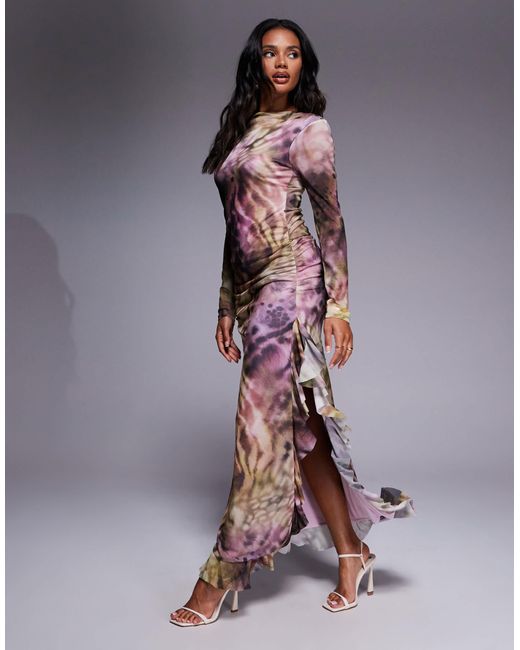 ASOS Purple Mesh Long Sleeve Frill Detail A Line Maxi Dress