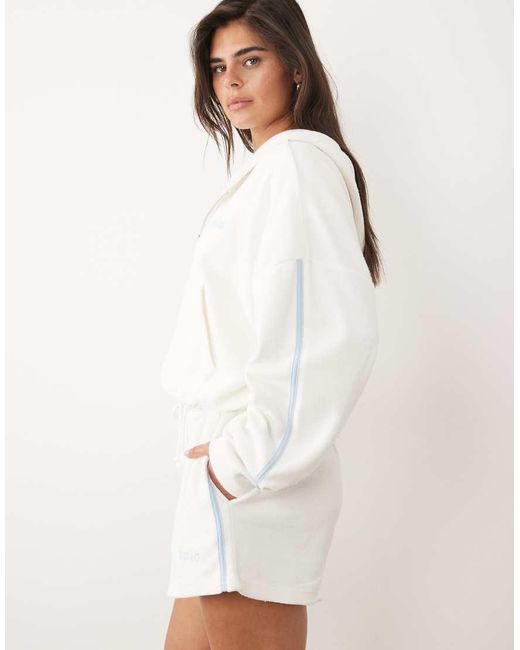 Kaiia Natural Cotton Rich Embroidered Logo Oversized Zip Up Side Stripe Towelling Hoodie Co-ord