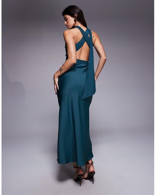ASOS Blue One Shoulder Satin Midi Dress With Neck Sash