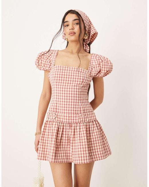 For Love & Lemons Georgia Gingham Puff Sleeve Mini Dress in