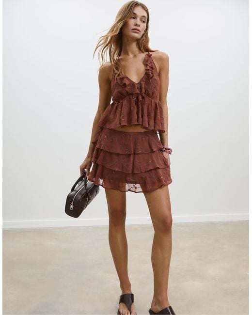 Stradivarius Brown Ruffled Sequinned Halter Top