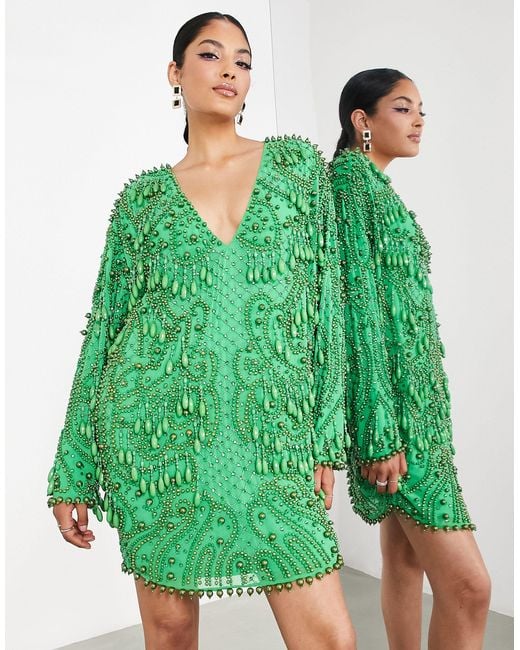 ASOS Green V Neck Embellished Mini Shift Dress With Teardrop Beads