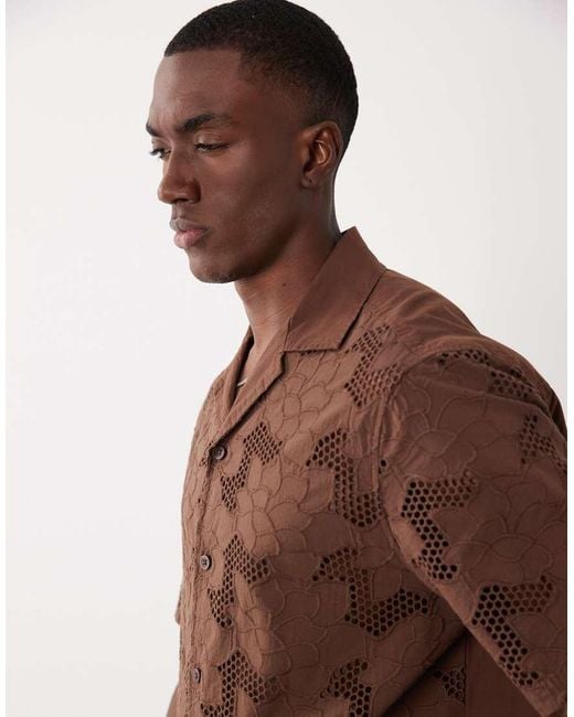 River Island Brown Boxy Lace Detail Fabric Block Shirt for men