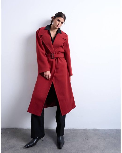 TOPSHOP Red Dropped Belt Longline Formal Coat