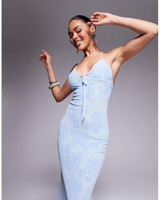 ASOS Purple Double Layer Mesh And Lace Print Cami Maxi Dress With Ruffle Hem