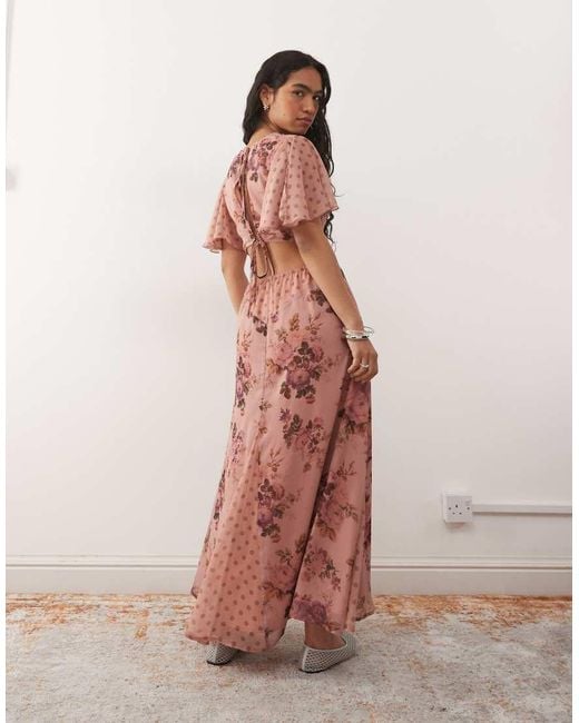 Reclaimed Vintage Pink Midi Tea Dress With Lace Trim And Flutter Sleeves