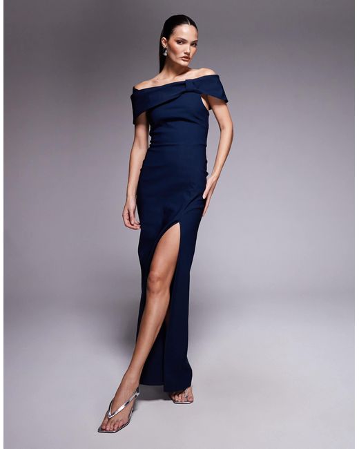 Vesper Blue Bengaline Deep Bardot Cinch Detail Side Split Maxi Dress