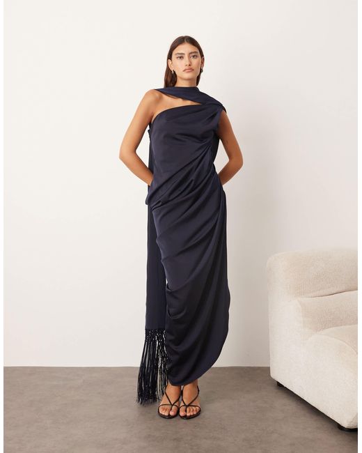 blue maxi dress with neck scarf Women's Blue Scarf Detail Ruched Maxi Dress