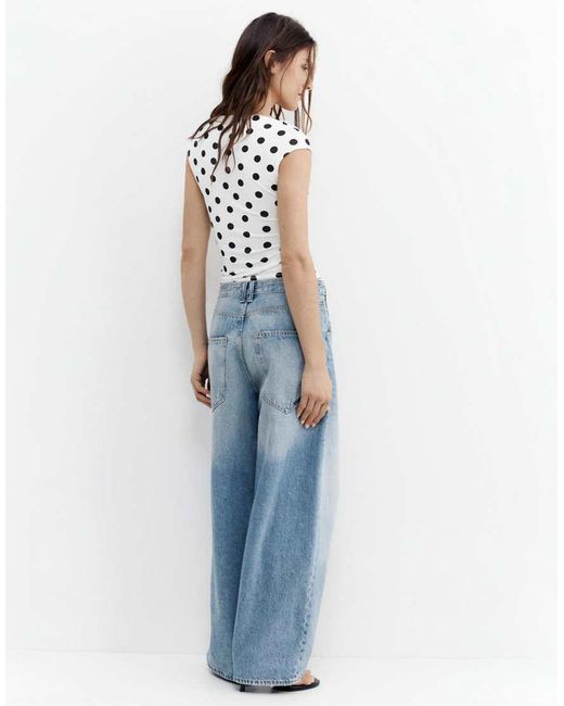 Pull&Bear Blue Gathered Polka Dot Asymmetric Top