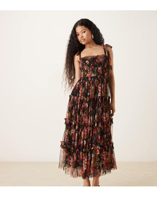 LACE & BEADS Brown Bow Shoulder Tulle Midi Dress