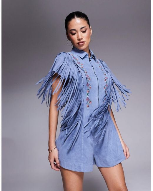 ASOS Blue – bestickter playsuit aus wildlederimitat