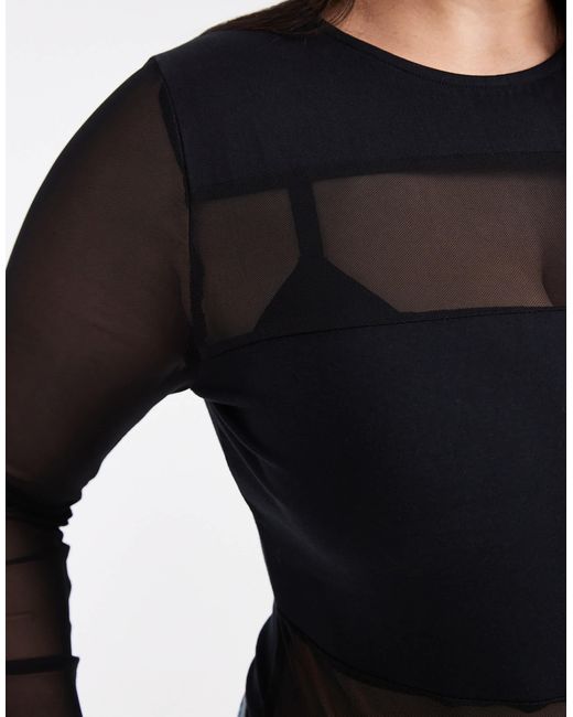 ASOS Black Asos Design Curve Mesh Mix Mesh Panel Long Sleeve Bodysuit