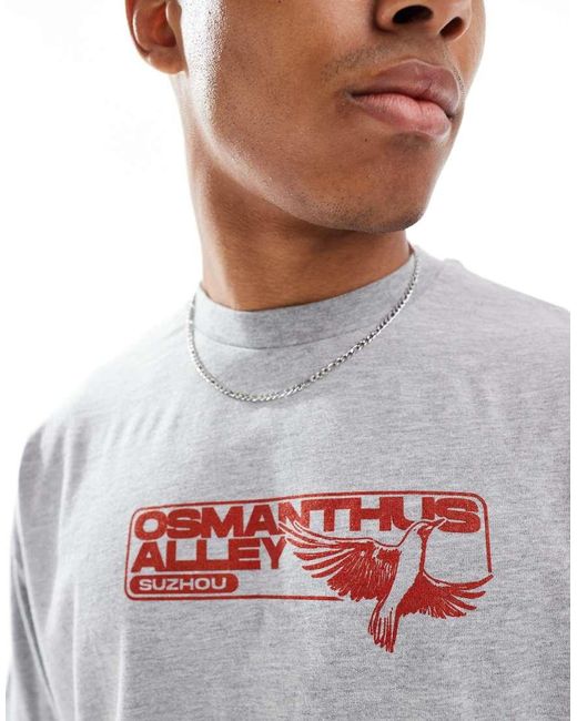 Camiseta Gris Jaspeado De Corte Cuadrado Extragrande Con Estampado Gráfico Delantero Y Trasero De ASOS de hombre de color Red