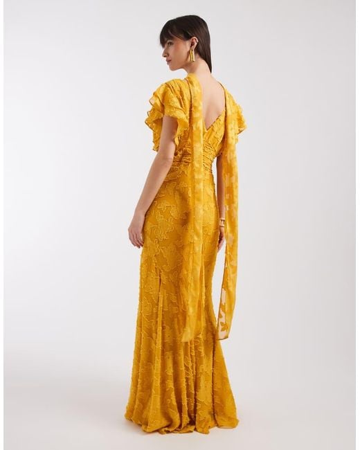 Pretty Lavish Metallic V Neck Frill Jacquard Godet Maxi Dress
