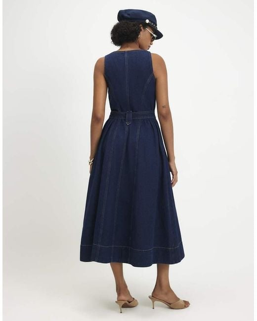 River Island Blue Denim Belted Pocket Longline Midi Dress