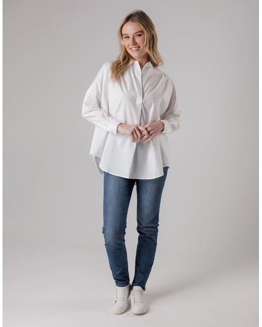 French Connection Gray Cotton Long Sleeve Poplin Popover High-Low Hem Shirt