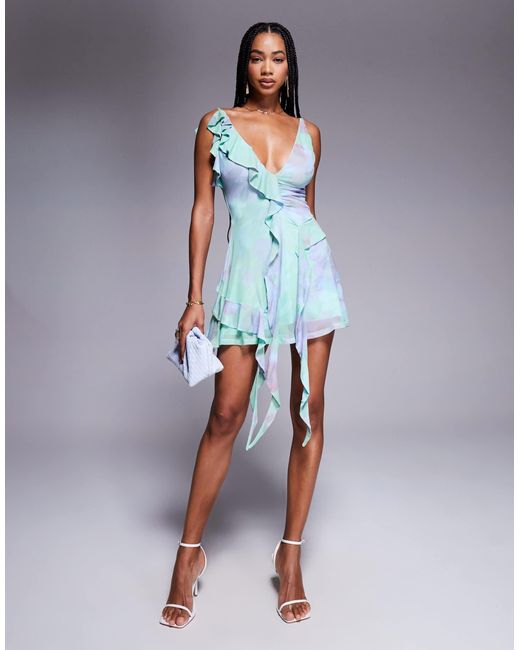 ASOS Blue Printed Mesh Ruffle Drape Skater Mini Dress