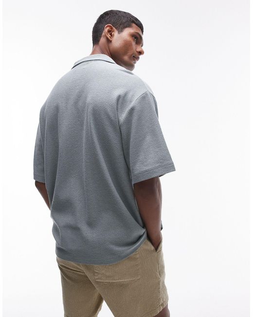 Topman Gray Oversized Fit Button Through Jersey Polo With Embroidery for men