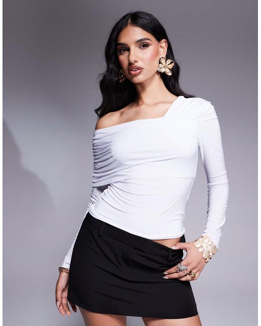Fashionkilla White Double Sculpted Slinky One Shoulder Fold Over Top