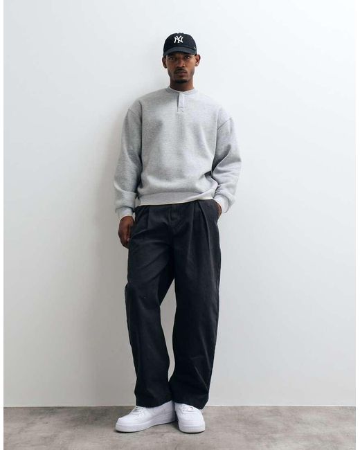ASOS Gray Bomber Henley Neck Sweatshirt With Stripe Ribs for men