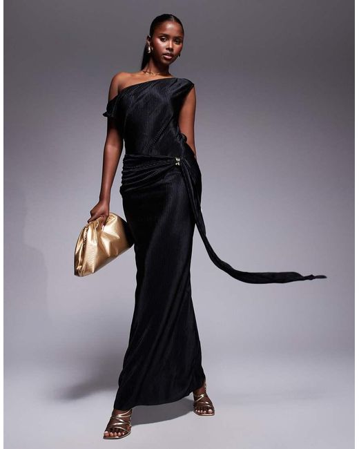 ASOS Blue Twist Fallen Shoulder With Ruching Drape Detail Plisse Maxi Dress