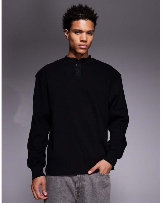 ASOS Blue Heavyweight Oversized Ribbed Sweatshirt With Grandad Collar for men
