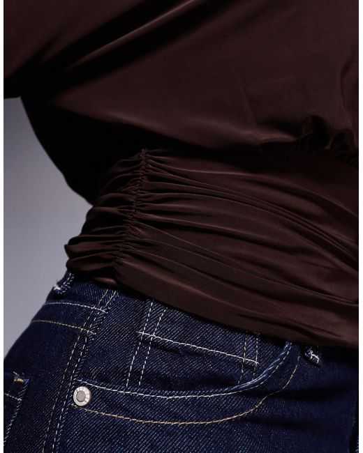 ASOS Blue Slinky Asymmetric One Shoulder Long Sleeve Top With Cinch Waist Detail