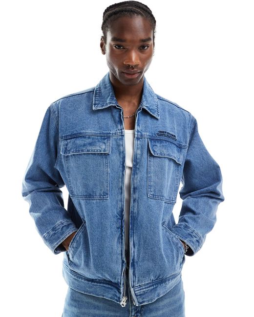 Obey Blue Zip Through Denim Jacket With Pockets for men