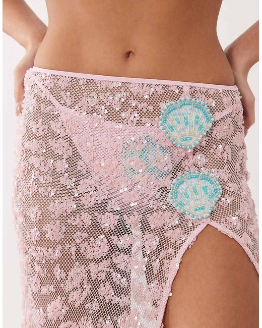 South Beach Pink Sequin Maxi Skirt With Shell Applique