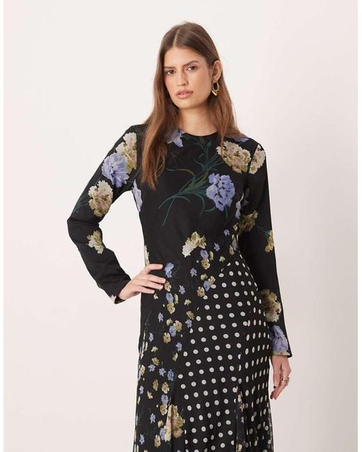 ASOS Multicolor Long Sleeve Racer Neck Maxi Dress With Godet Hem