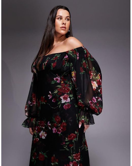 ASOS Black Asos Design Curve Bardot Ruffle Maxi Dress With Tiered Godets And Blouson Sleeves