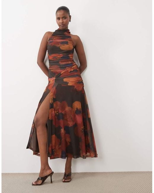 Bardot Brown Mesh High Neck Ruched Side Thigh Split Maxi Dress