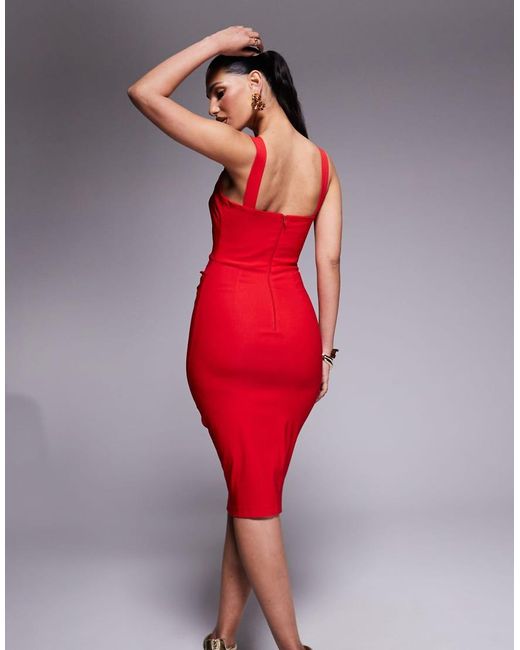 Vesper Red Square Neck Ruched Bust Bodycon Midi Dress