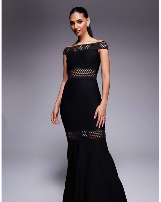 Goddiva Blue Off The Shoulder Ribbed Bodycon Maxi Dress
