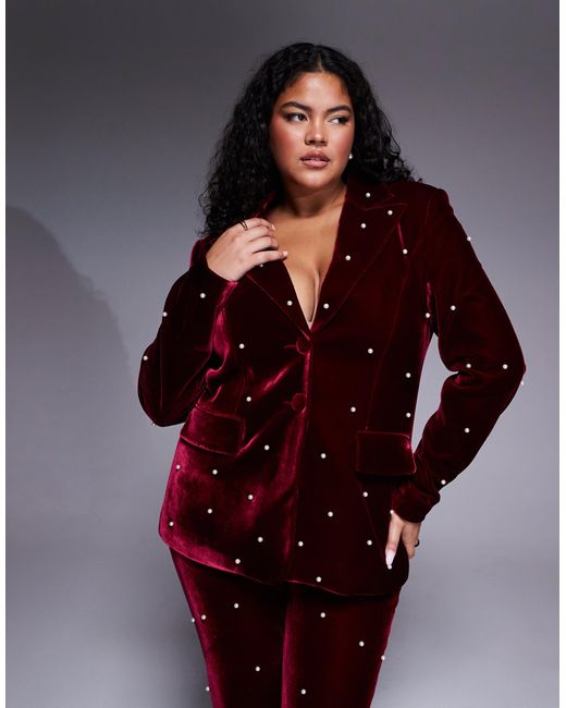 ASOS Red Curve Pearl Embellished Velvet Blazer
