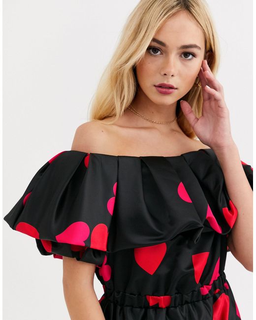 Robe Bardot Courte En Satin A Manches Bouffantes Et Taille Froncee Imprime CÅ