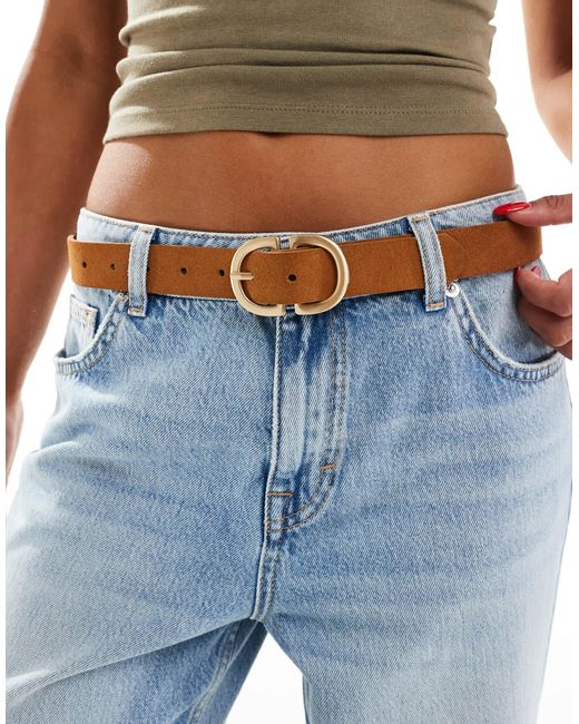 Ceinture en daim à boucle double dorée - cognac Pieces en coloris Blue