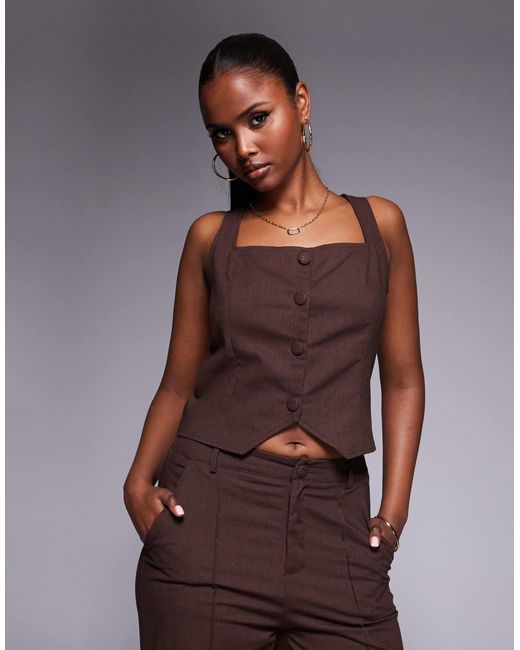 Exclusivité - - top d'ensemble gilet sans manches à encolure carrée en coton mélangé aspect lin - chocolat Kaiia en coloris Brown