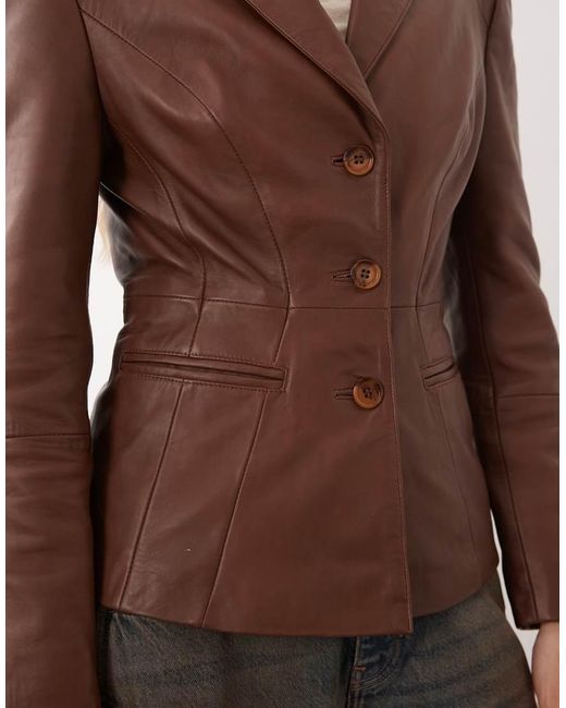 Urbancode Brown Fitted Leather Blazer Jacket