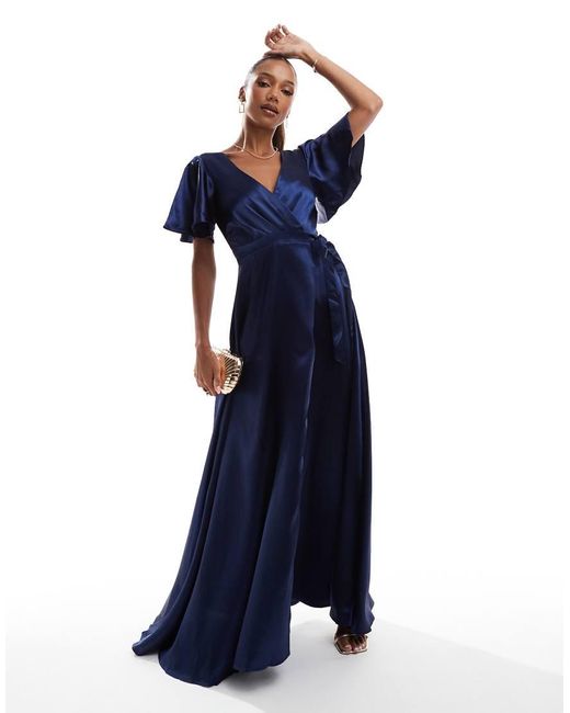 Goddiva Flutter Sleeve Wrapover Satin Maxi Dress in Blue | Lyst UK