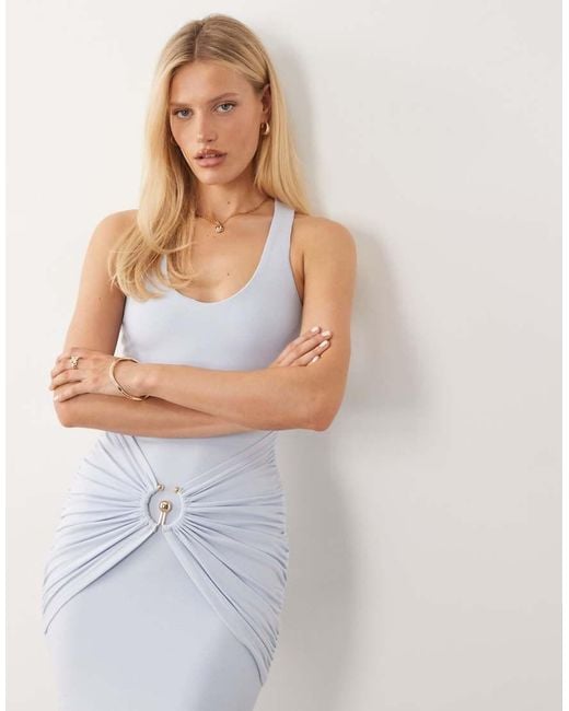 Ruched & Ready White Halterneck Scoop Neck Gathered Waist Metal Hardware Detail Maxi Dress