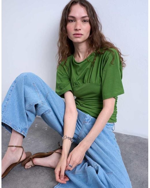 TOPSHOP Green Ruched Detail Short Sleeve Top