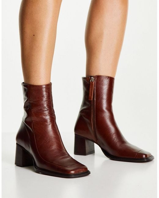 ASOS Roberta Premium Leather Square Toe Boots in Brown | Lyst