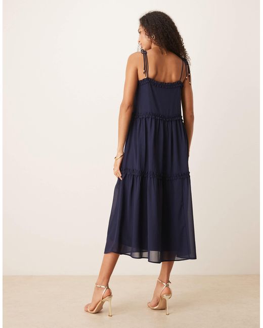 Hope & Ivy Blue Koi Embellished Tiered Midi Dress With Tie Straps