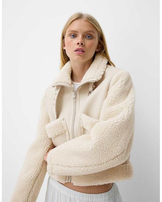 Bershka Natural Shearling And Faux Leather Jacket